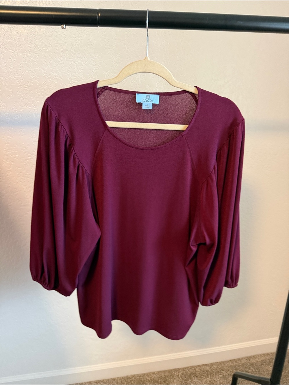CeCe Burgundy Scoop Neck Blouse with Balloon Sleeves